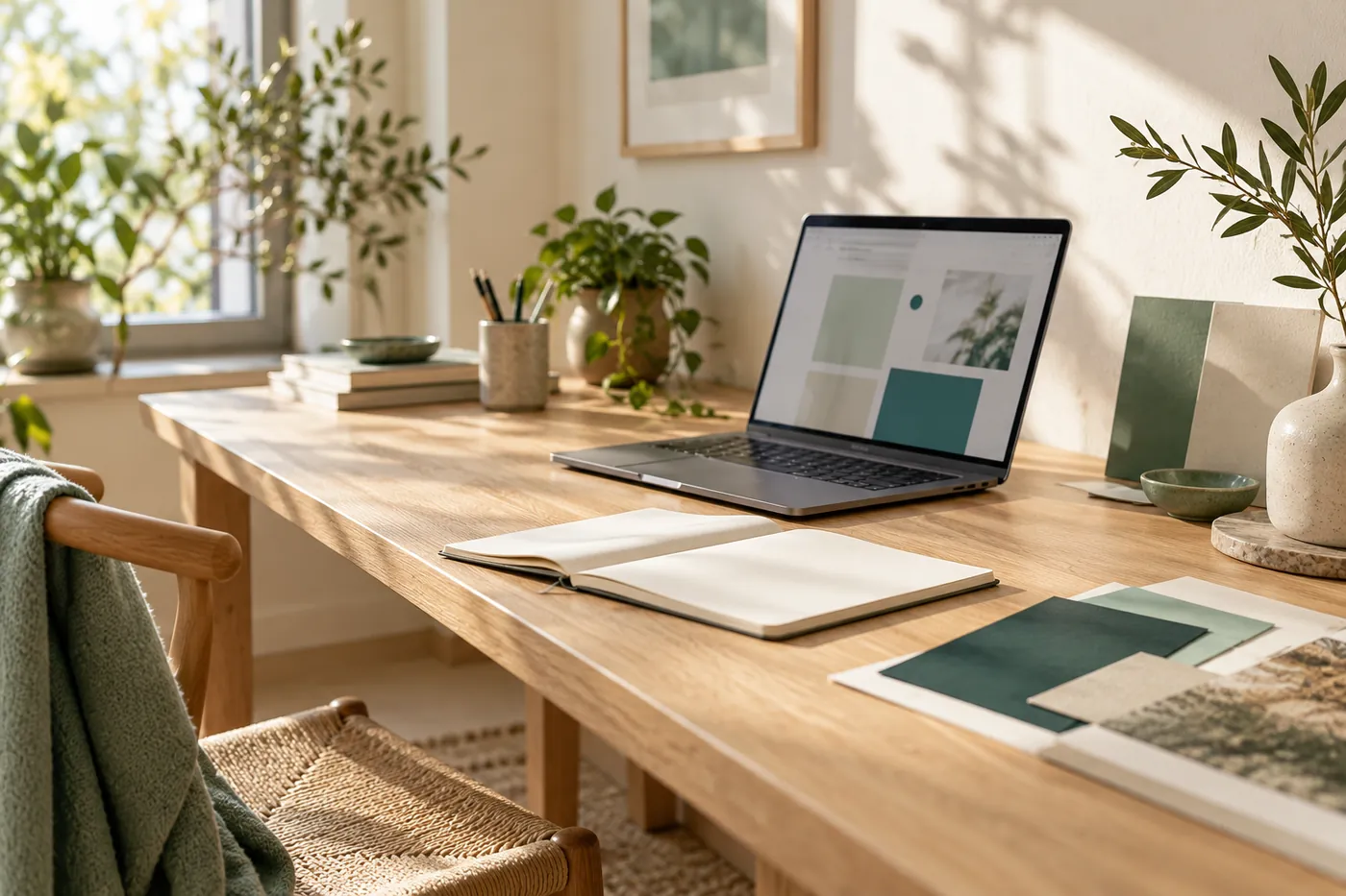 Laptop, notebook and colour swatches in a light-filled design workspace