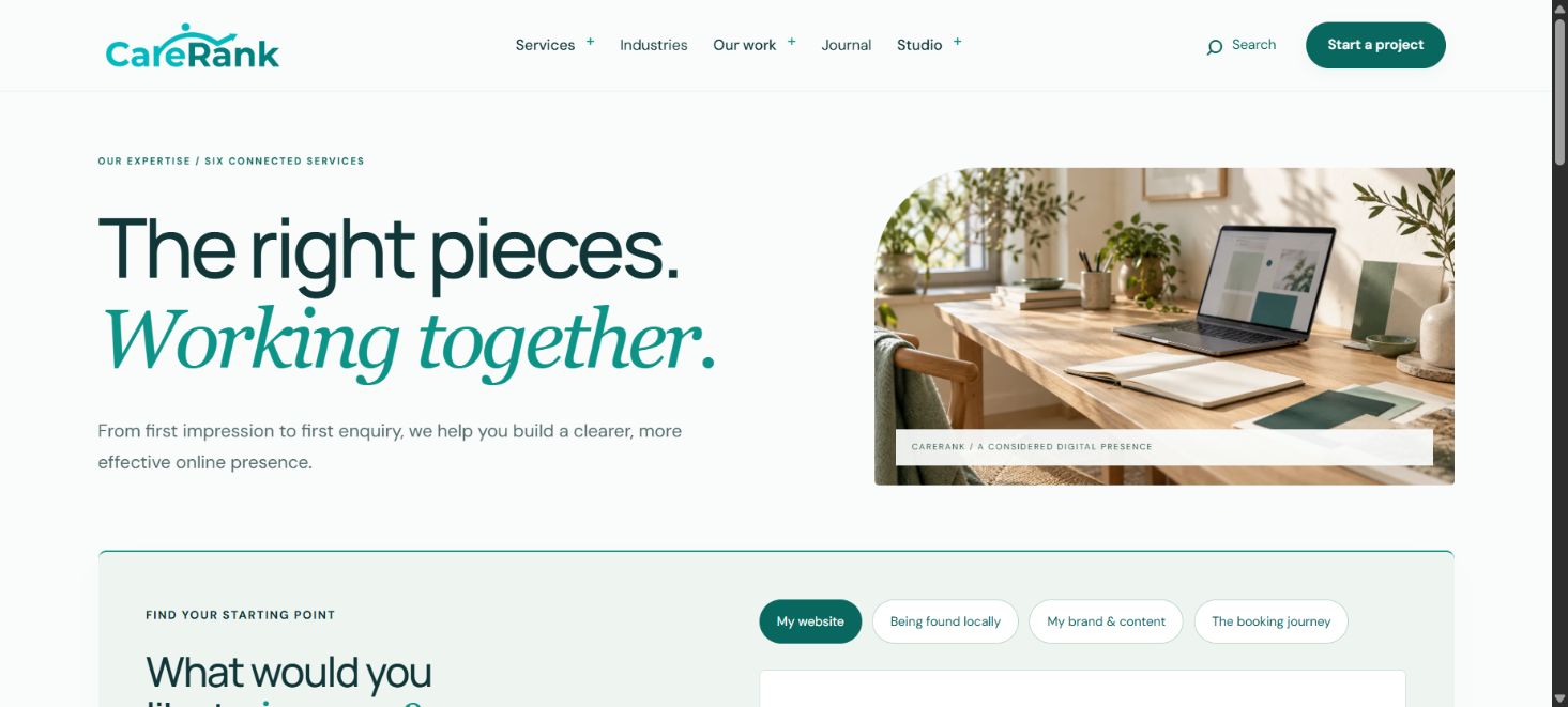 CareRank services page with an image-led introduction and interactive service finder
