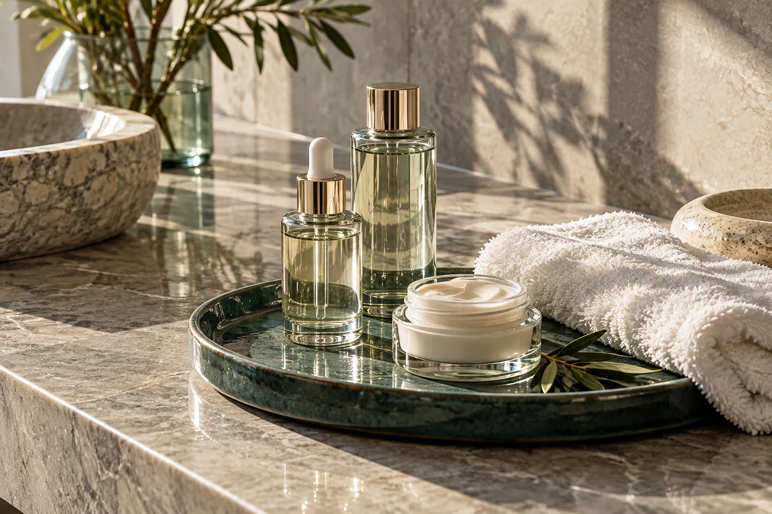 Glass vessels and folded towels in a calm care setting